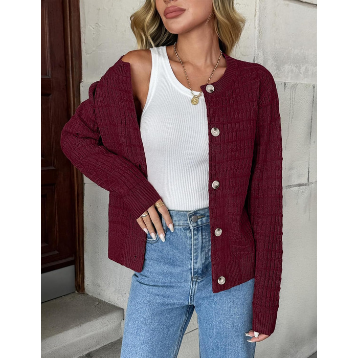 Жіноча в'язана жилетка Zeagoo з довгим рукавом, кардиган, круглий виріз, на ґудзиках, відкритий фасон, елегантний светр, жіночі в'язані жилетки, колір: бордовий