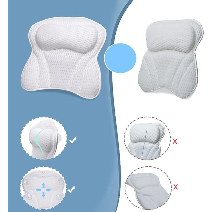 Penelife Bathtub Pillow with 6 Suction Cups - Ergonomic Bath Pillow with 4D Air Mesh Technology - Neck Pillow for Optimal Relaxation - White Bathtub Cushion