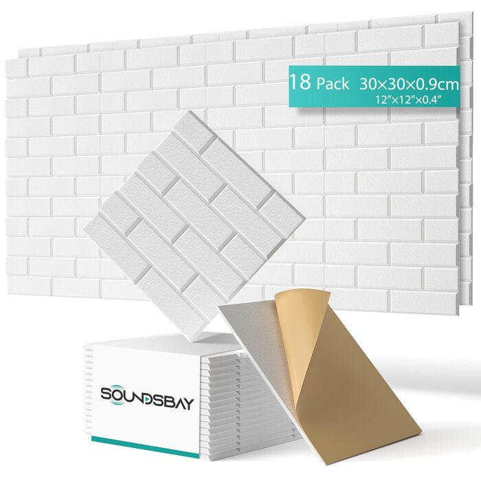 Самоклеючі акустичні панелі для звукоізоляції стін, шумопоглищаючі плити типу «цегла» високої щільності для декору та звукозахисту, 30x30x0.9 см (чорний/білий, 18 шт)
