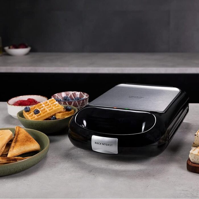 Сендвічниця Cecotec Rock'nToast Family Waffle: 1500W, 4 вафлі, антипригарне покриття, 180° поворот, швидкий нагрів, нержавіюча сталь, індикатор температури, рівномірне підсмажування, 3 змінні пластини