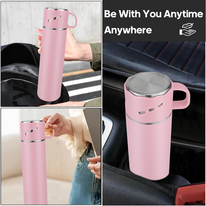 Термокружка-термос з нержавіючої сталі 550 мл, без витоку, з чашкою та ручкою, вакуумна термоізоляція 12 год гаряча / 12 год холодна, неслизька, для кави, спорту, роботи, школи, автомобіля (Рожева)
