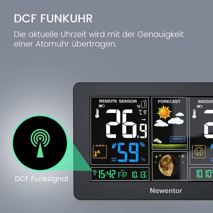 Newentor Weather Station Radio with Outdoor Sensor - Radio Weather Station with Weather Forecast, Temperature Warning, DCF Radio Clock - Battery and Mains Powered, Black