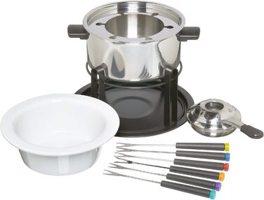 Набір для фондю KitchenCraft 3-в-1 з кольоровими виделками, для шоколадного, м’ясного та сирного фондю, сріблястий