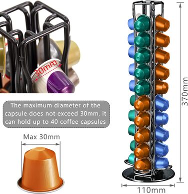 Підставка для капсул кави Frasheng, 40 капсул, чорна, з хромованої сталі, обертається, економія місця