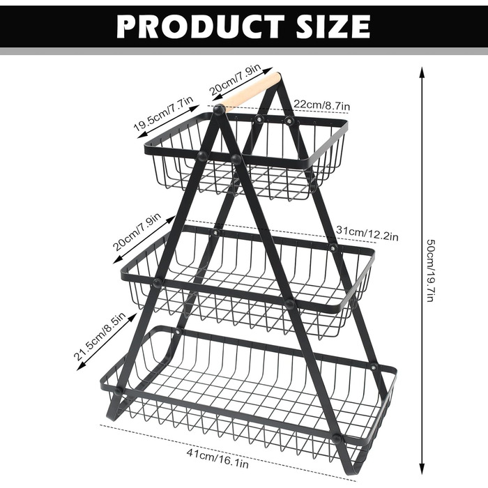 Багатоярусна металева підставка для фруктів та овочів MaxEarn - 3 яруси, велика місткість, з дерев'яною ручкою