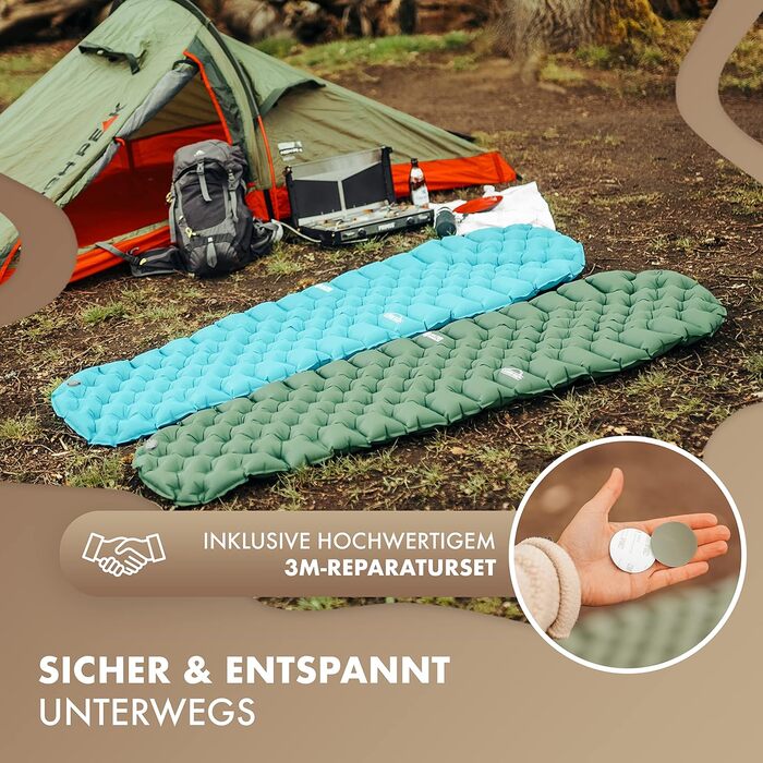 Килимок для кемпінгу NATURBUMMLER® Ultraleicht Cloud Nap+ - надувний, 195x56 см, водостійкий, складаний, для трекінгу, подорожей, фестивалів, природи, зелений