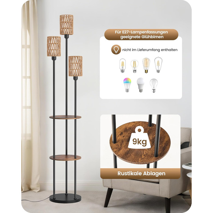 Стельова лампа для вітальні з полицею, 3-лампова торшер з етажеркою у стилі вінтаж, бохо торшер з дерева з вимикачем на ніжці, патрон E27, ретро-дизайн у кольорах коричневого та бежевого, ZEF53LDD05 (Ротанг, Чорний)