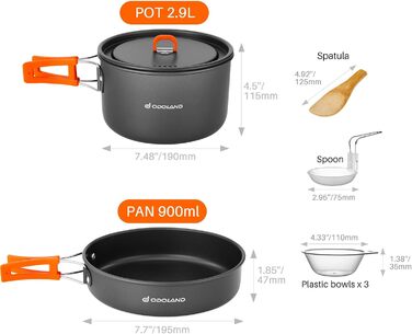 Набір кухонного посуду Odoland для кемпінгу, 9 предметів: каструля 2.9L + сковорода 0.9L, для відпочинку на природі, туризму та подорожей