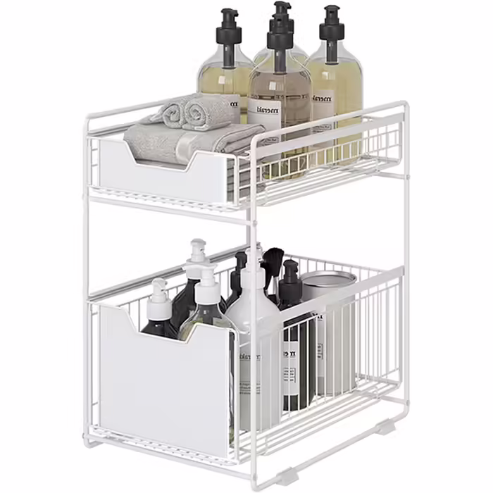 Under-Cabinet Organizer with 2 Levels, Adjustable Height, with Wooden Handle, Pull-Out Metal Basket for Kitchen and Bathroom (White)
