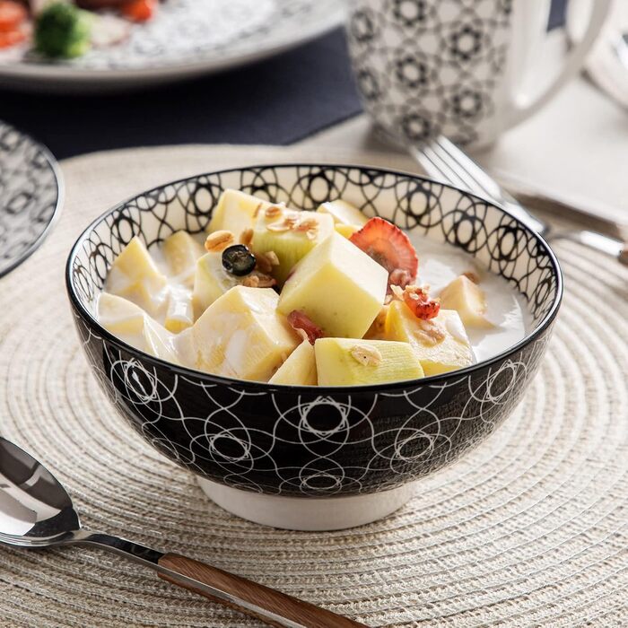 Набір посуду Vancasso Haruka 48 предметів: тарілки, миски, чашки (чорний + кремовий)