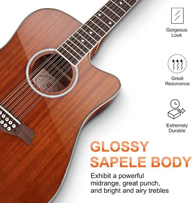 Електроакустична гітара Vangoa 12-струнна, 41 дюйм, коричнева, з підсилювачем та 4-х смуговим ЕQ