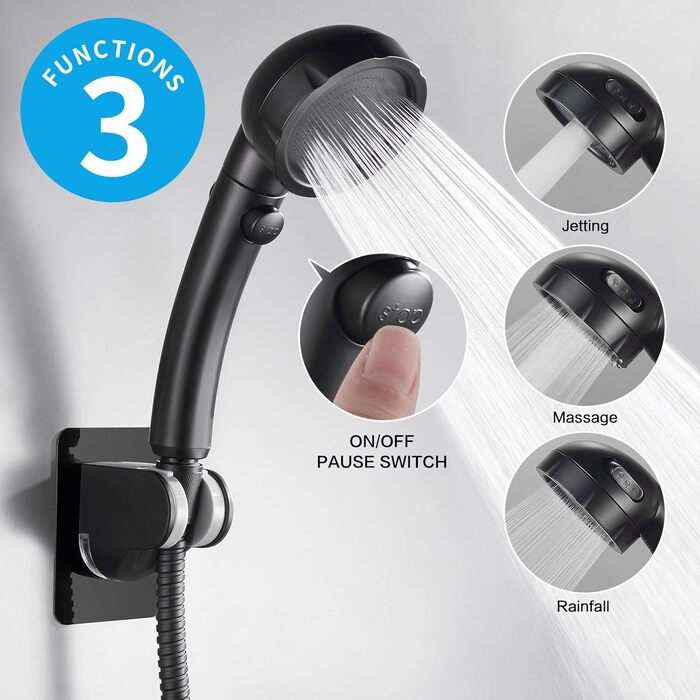 KAIYING Drill-Free High-Pressure Handheld Showerhead with ON/OFF Pause Switch, 3 Spray Modes, Water-Saving Showerhead, Detachable Puppy Shower Accessory (M: Showerhead + Holder + Hose) (Black)