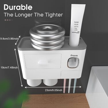I have toothbrush holders for bathroom decor, 2 cup toothbrush holders wall-mounted with toothpaste dispenser, bathroom accessories with a large-capacity tray, and a cosmetic drawer.