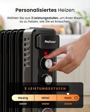 Pro Breeze 2500W Mini Oil Radiator with 11 Fins, Electric Heater, 24h Timer, Energy-Saving Oil Radiator, 3 Heating Levels, Adjustable Thermostat & Safety Shut-off Function - Black