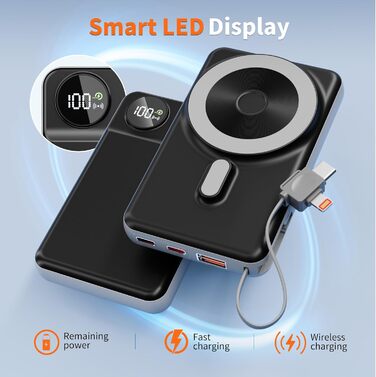 Powerbank MagSafe 20000mAh з PD 20W, USB-A, магнітним з'єднанням, інтегрованими кабелями, бездротовою зарядкою 15W, цифровим дисплеєм, сірий колір