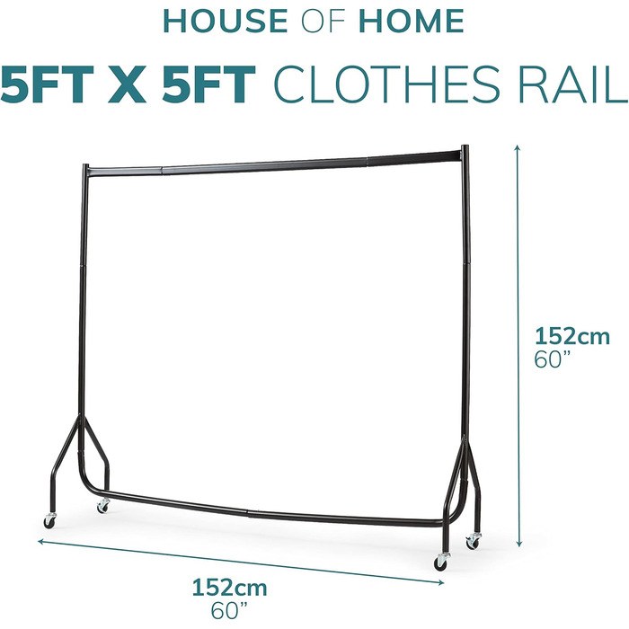 House of Home Robust Metal Clothes Rail with Wheels – 1-Tier Replacement for a Wardrobe with a Single Rail – Clothes Rack for Hanging – Storage