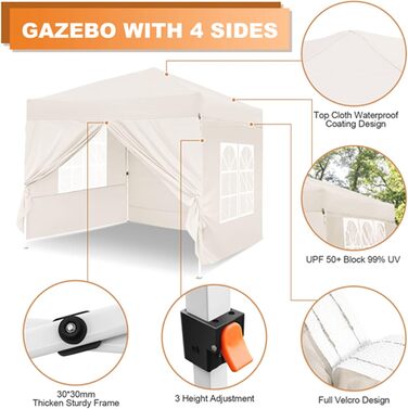 Gazebo, Leadyeah Pop-Up Pavilion with Sides, Foldable Camping Pavilion 2.5 x 2.5, Heavy-Duty Pavilion Tent, Fully Waterproof, 50+ UV Protection for Camping, Party - Beige
