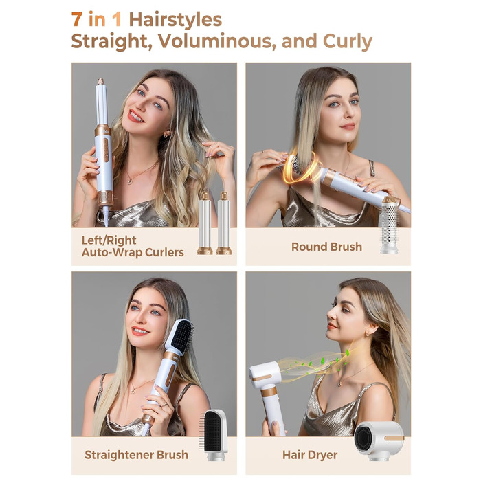 UKLISS Air Styler 7 в 1: фен-щітка з 7 насадками для сушіння, укладання та об'єму волосся, іонізація, білий