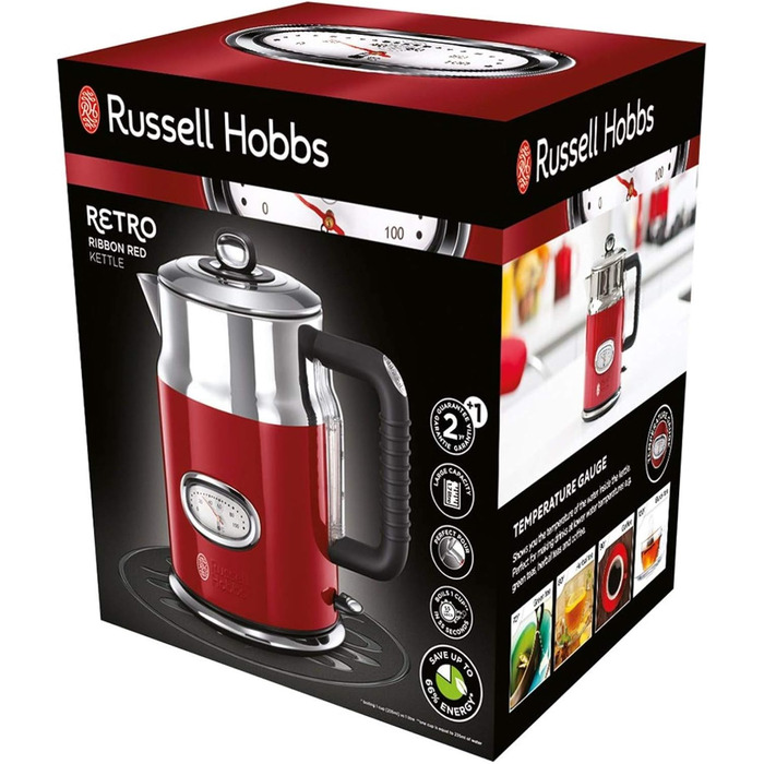 Russell Hobbs Kettle [1.7l, 2400W] Retro Red & Polished Stainless Steel (Quick Boil Function, Water Temperature Indicator in Retro Design, External Water Level Indicator) Vintage Tea Kettle 21670-70