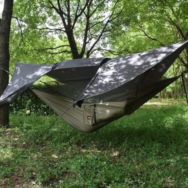 Гамак для кемпінгу з москітною сіткою та тентом від дощу, двомісний, 210T нейлон, водонепроникний комплект для піших прогулянок (зелений)