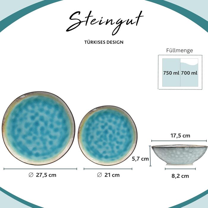 SÄNGER | Capri Tableware Set, 23-Piece, Plate Set for 4 People, Stoneware Plates Set including Serving Plates, Dessert Plates, Dinner Plates & Bowls, Handmade Plates, Turquoise Blue Tableware Set with Grey Rim, 23-Piece