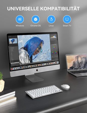 Бездротова клавіатура та миша TECKNET QWERTZ, 2.4 GHz, 15м, тиха, для ПК, ноутбука, Smart TV, білий/сріблястий