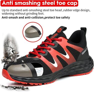 Черевики робочі ISOOUS для чоловіків та жінок, захисні черевики зі сталевим підноском, спортивні, червоні, антиковзаючі, дихаючі, 43 EU