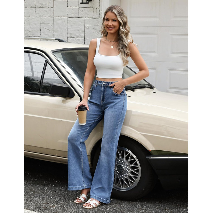 Джинси жіночі Schlaghose (кльош) з високою талією, еластичні, Bootcut, темно-сині, з кишенями, L