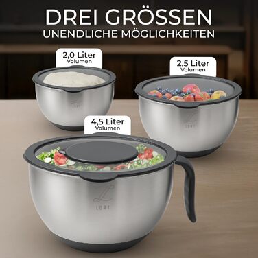 Набір мисок для перемішування Lort з нержавіючої сталі з кришкою та тертками | Набір кухонних мисок з антиковзким дном та можливістю складання | Салатник з 3 насадками-терками | Можна мити в посудомийній машині, нержавіюча сталь