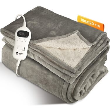 Електрична ковдра Balter з автоматичним вимкненням - 10 режимів нагріву та таймер до 10 годин - М'який фланель та плюш - Ковдра для обігріву (Сірий, 160x120 см)