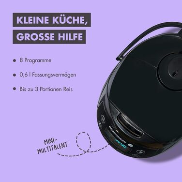Малий цифровий рисовар REISHUNGER 0,6 л, чорний, з функцією підтримки тепла, таймером, преміум-каструлею, мультифункціональний пароварка, 8 програм, 7-фазна технологія, для 3 осіб