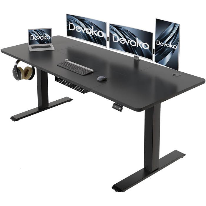 Електричний ергономічний стіл Devoko 160x70 см з кабель-каналом, пам'яттю, для роботи стоячи та сидячи, чорний