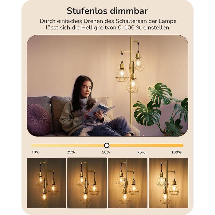 LED торшер Edishine для вітальні, ретро стиль, 3 лампи, диммування, 4W E27, регулювання поворотною ручкою, індустріальний декор з металевим абажуром-сіткою, 2700K, висота 166 см, золотий