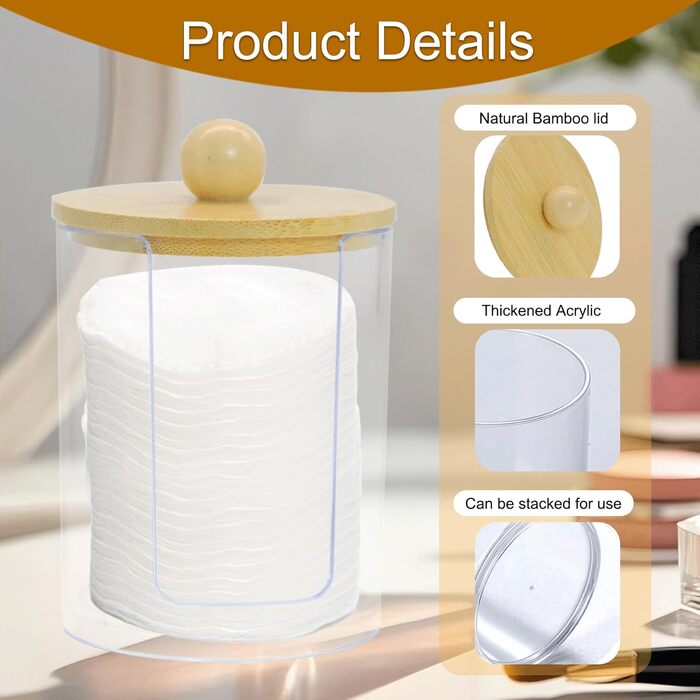 Набір ватних паличок з прозорого акрилу (4 шт.) з дозатором та контейнером для зберігання, для ванної кімнати та косметики