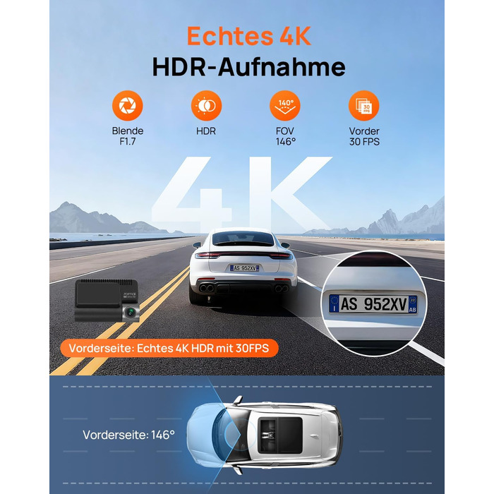 Автомобільний відеореєстратор 70mai A810S 4K з HDR, нічним баченням STARVIS 2, ADAS та карткою пам'яті 128ГБ, 24/7 моніторинг паркування