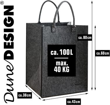 DuneDesign 100L Laundry Basket Felt Large - Felt Bag XXL Laundry Basket 60 cm tall - Felt Laundry Collector - Wooden Bag for Firewood Large Blanket Basket Living Room Bottle Collector Deposit Collection Storage Basket Felt