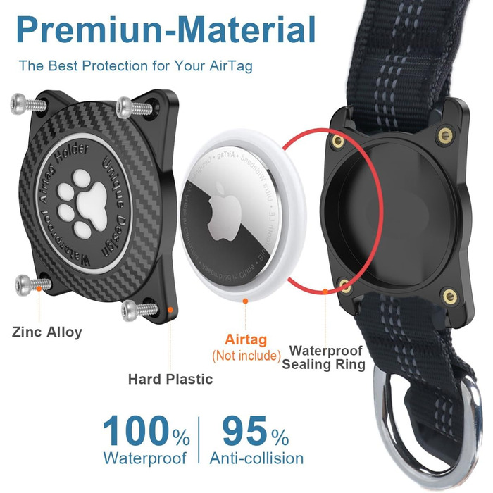 Світловідбиваючий нашийник для Apple AirTag для собак, регульований, водонепроникний, чорний, L (37.5-51.5 см)