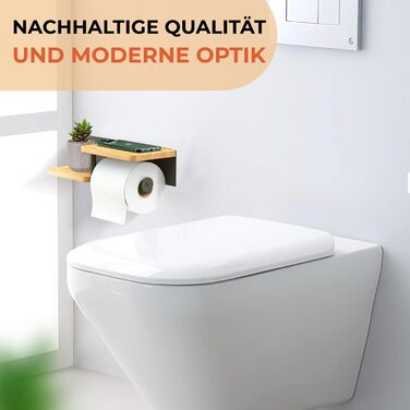 No-Drill Toilet Paper Holder with Towel Bars & Shelf - Stainless Steel & Bamboo Bathroom Organizer - Black Matte Finish