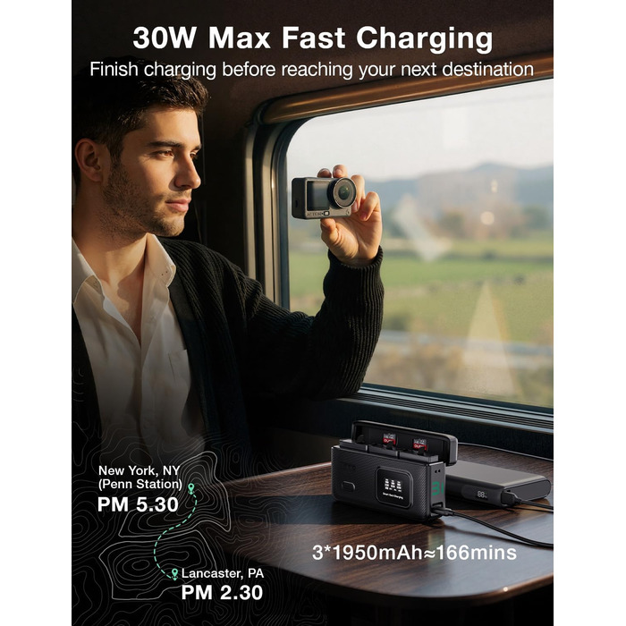 Зарядний пристрій LLANO AC3 30W з 3 акумуляторами 1950mAh для DJI Osmo Action 6/5 Pro/4/3 & Osmo 360, трьохпортовий, PD-зарядка, LED-дисплей, портативний кейс