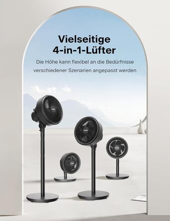 Вентилятор торнадо PELONIS з дистанційним керуванням, сенсорним дисплеєм, 3D циркуляцією, тихий (36.5dB), потужний (10м повітряний потік), регульована висота (60/111см), 4 швидкості з таймером, знімний захисний гріт, поворотний, 76см, чорний