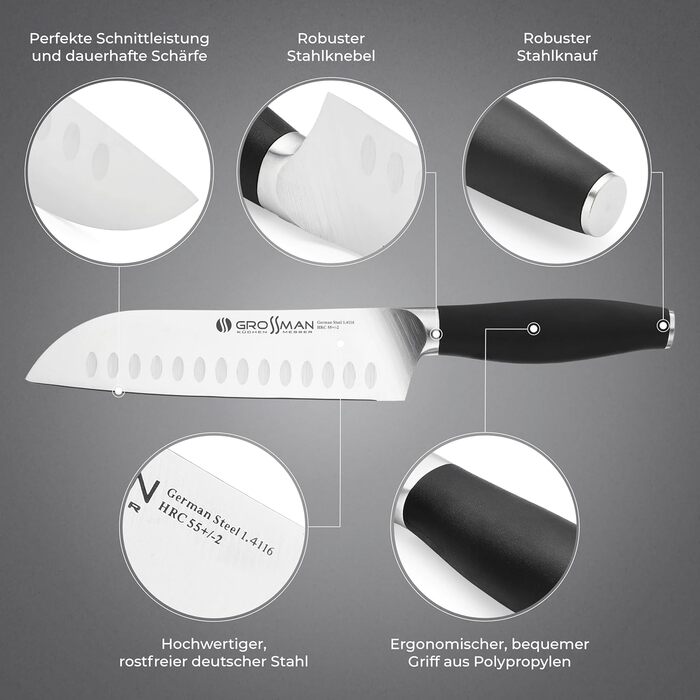 Ніж кухонний Grossman Santoku 29 см з нержавіючої сталі, ергономічна ручка