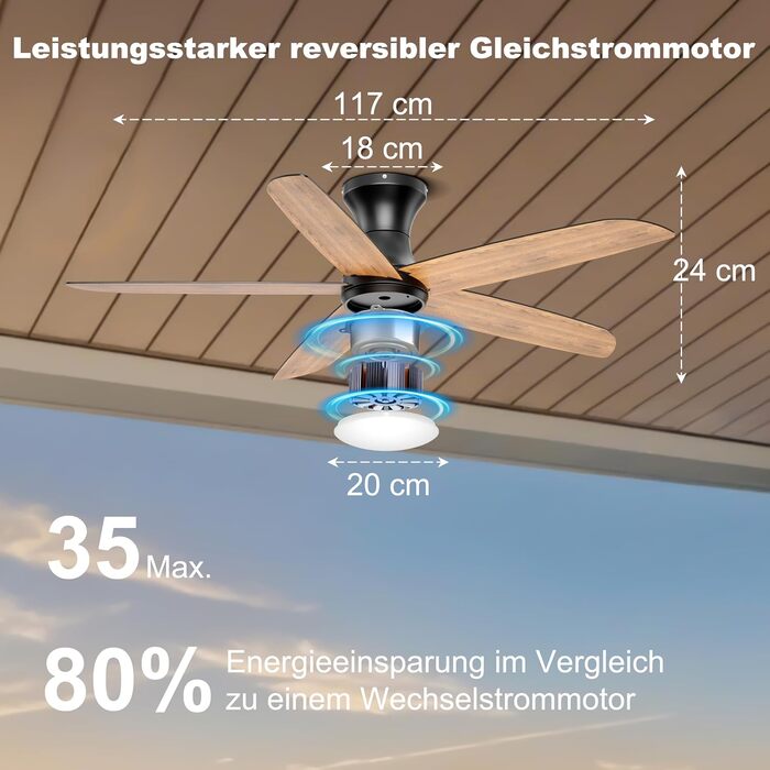 Стеляний вентилятор Ohniyou з підсвіткою та пультом дистанційного керування, 117 см, керування через додаток, регулювання яскравості, тихий DC-двигун, для спальні, тераси, кухні, чорний