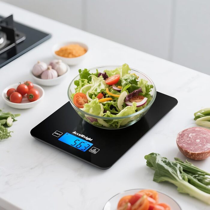 Кухонні ваги ACCUWEIGHT Bluetooth з підрахунком калорій (4 батарейки) Цифрова вага для їжі до 5 кг/11 фунтів з великим LCD-дисплеєм. Ваги з калорієметром для приготування їжі або схуднення CK780