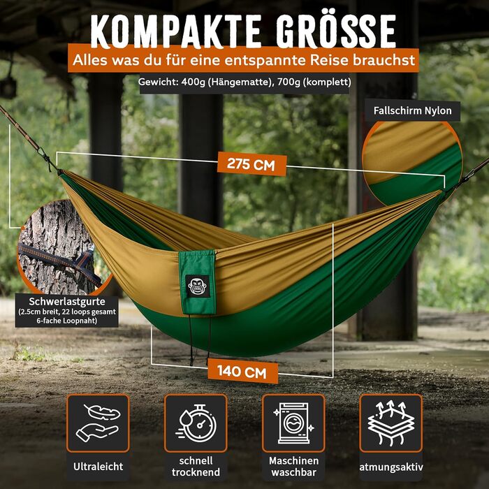 Гамак Ultraleicht: легкий, міцний, для кемпінгу та подорожей (зелений/хакі) – до 300 кг, 275 x 140 см
