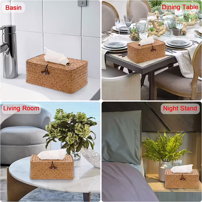 SUMNACON Rectangular Seagrass Cosmetic Tissue Box for Home Decorative Woven Paper Holder Candy Rattan Tissue Box Home Decoration for Bathroom Living Room Office Restaurant Handmade Brown