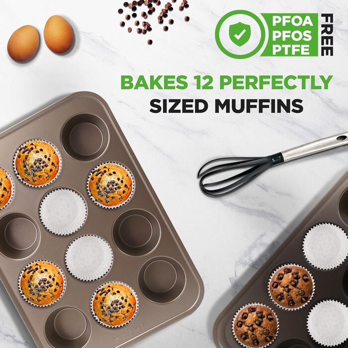 NutriChef 2-Piece Muffin Tin, Non-Stick Coated – PTFE-, PFOA-, PFOS & BPA-Free Muffin Tray – Muffin Sheet with 12 Cups, total 24 Pieces – Muffin Tin Made of Carbon Steel – Dishwasher Safe & with High Rim