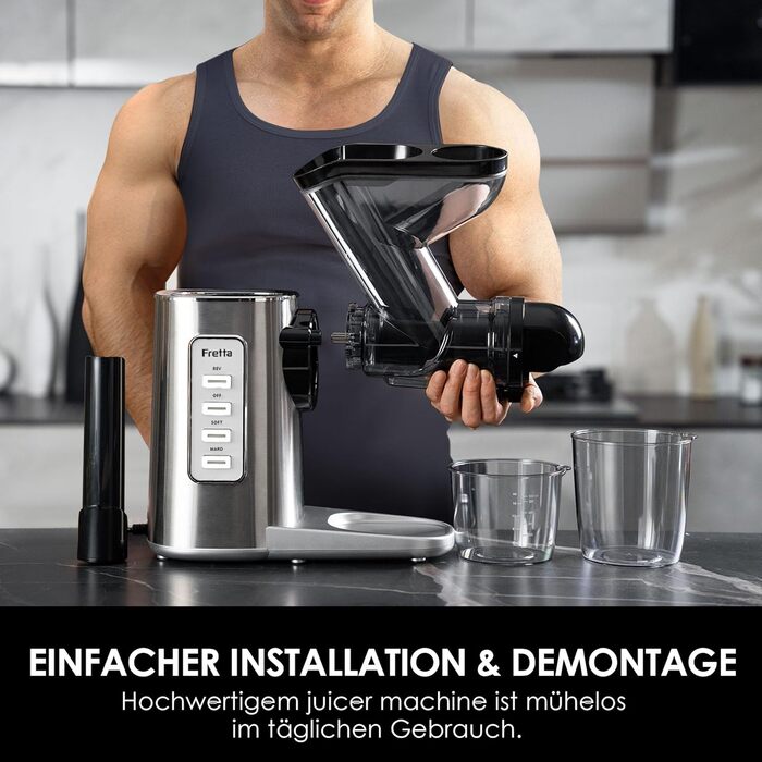 Електричний соковитискач Fretta Slow Juicer з нержавіючої сталі, 200W, Cold Press, велика завантажувальна горловина 76 мм, висока сафровидача, легке очищення, без BPA