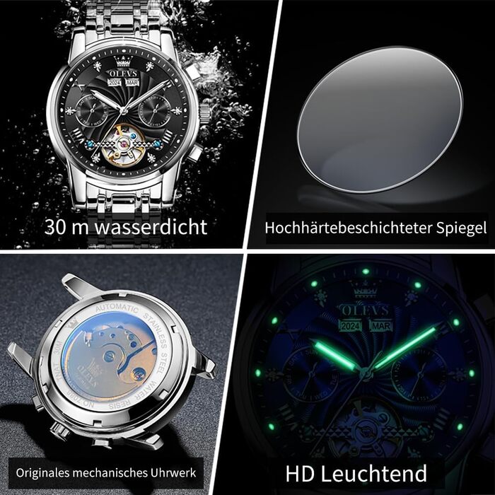 Чоловічий механічний годинник OLEVS з автопідзаводом, турбійоном та календарем, водонепроникний, сріблясто-чорний (7088)