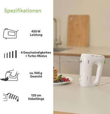 Braun Household MultiMix 1 HM 1100 WH Hand Mixer - Handheld Mixer with 4 speed settings plus Turbo, FastMix Technology, EasyClick, incl. whisk, one-hand operation, 450W, White White MultiMix 1 - incl. whisk