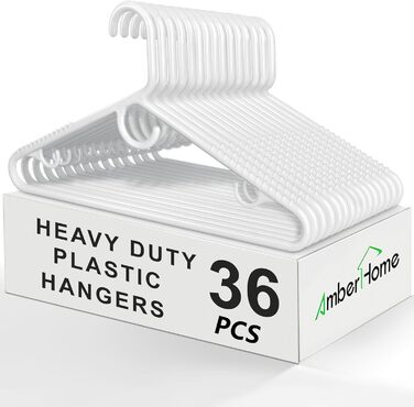 Amber Home 36-Piece 42.5cm Plastic Clothes Hangers, White Plastic Non-Slip Clothes Hangers for Coat, Jacket, and Shirt, Thick and Strong Plastic Clothes Hangers with Hooks for Scarves and Belts